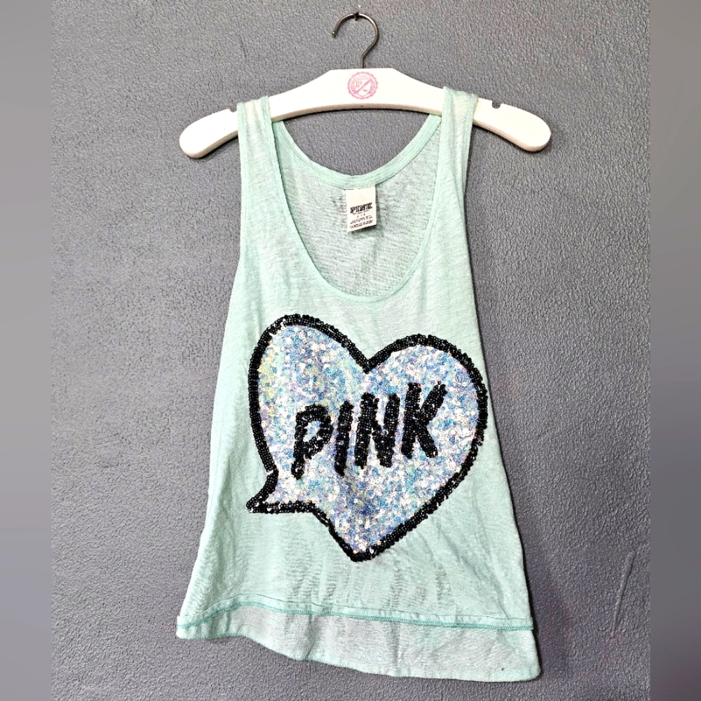 Victoria's Secret PINK Light Teal w/ Sequin Bling Muscle Tank.